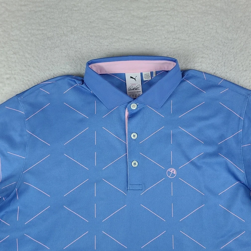 PUMA Arnold Palmer Polo Shirt Mens Large Blue Pink Performance Golf Short Sleeve